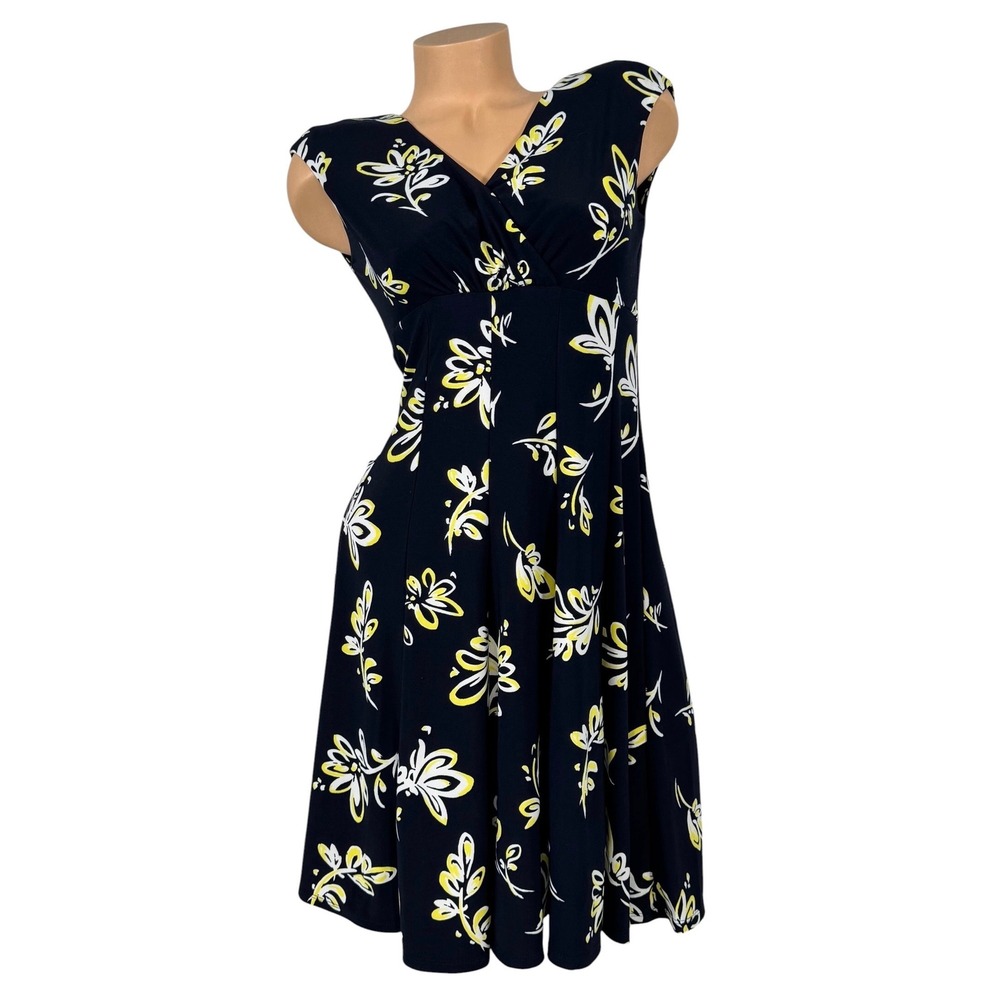 Lauren Ralph Lauren Navy Blue Yellow Floral V-Neck Fit Flare Dress Petite 8P